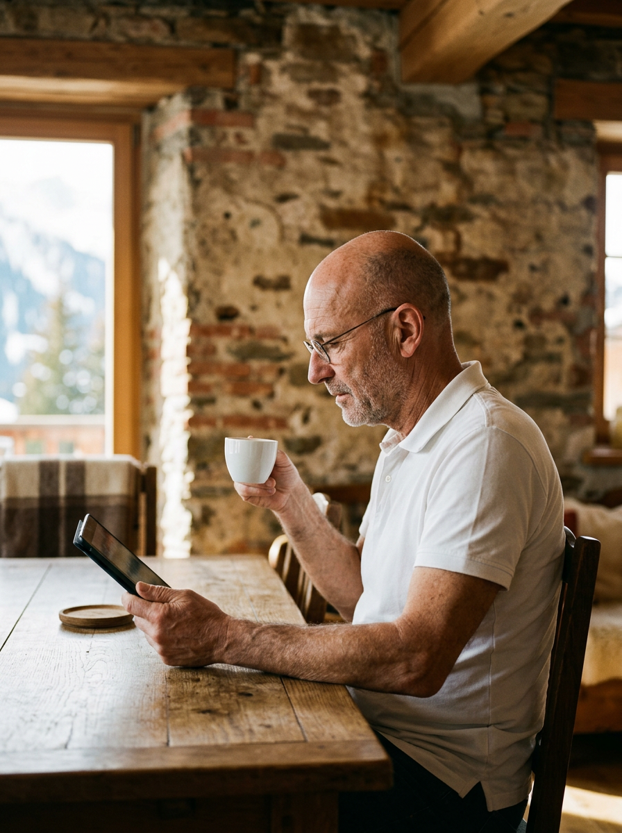 A butler in a white polo having coffee at a wooden table in an Alpine chalet