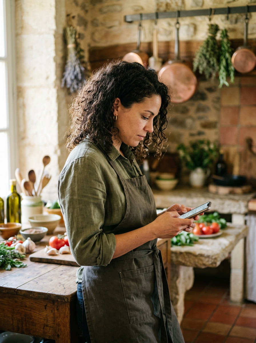 A private chef checking her phone in a stone Provence kitchen